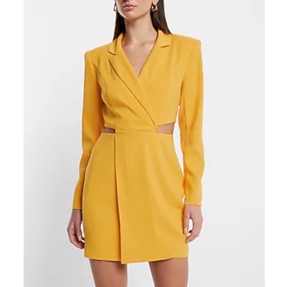 Express Vibrant Yellow Notch Lapel Cutout Mini Blazer Dress